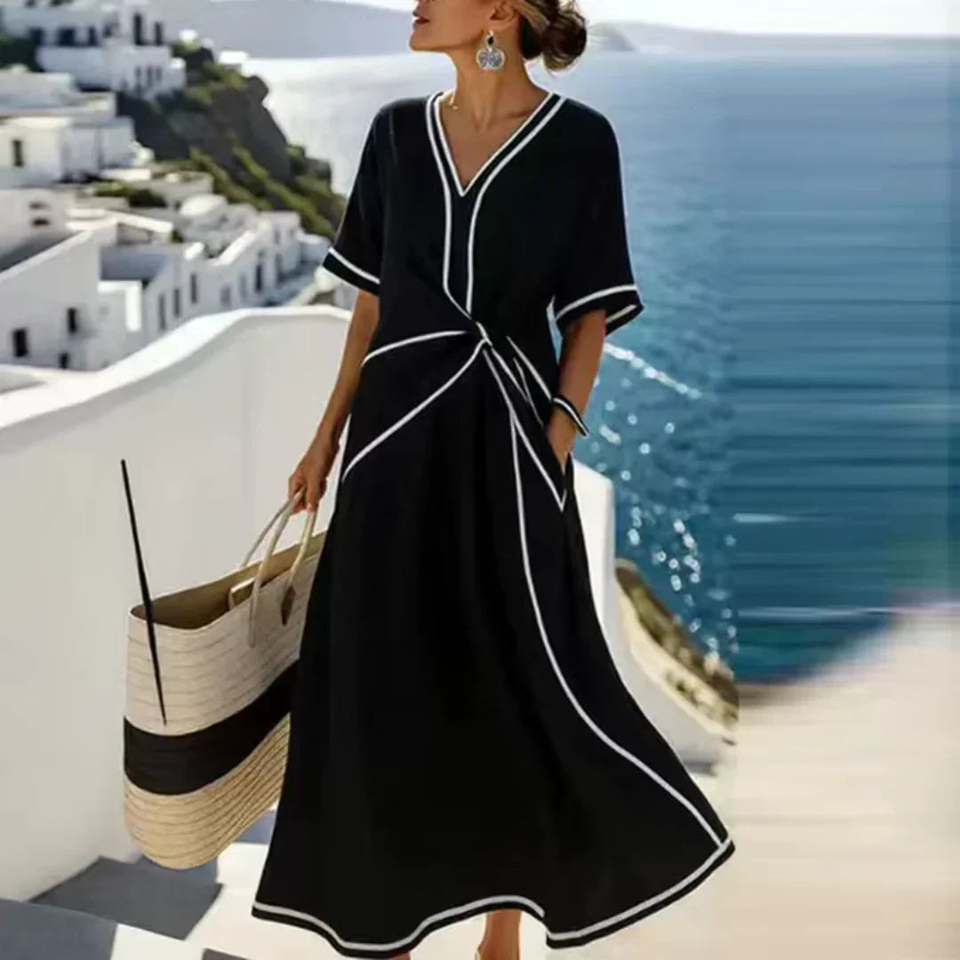 Robe Midi Élégante — Col V, Nœud Taille & Passepoil Noir · Bleu Poudre
