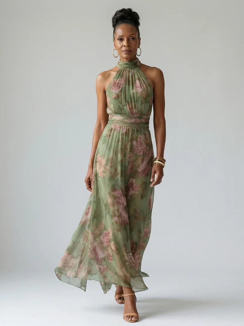 Mirelle | Robe midi dos nu froncée à col halter