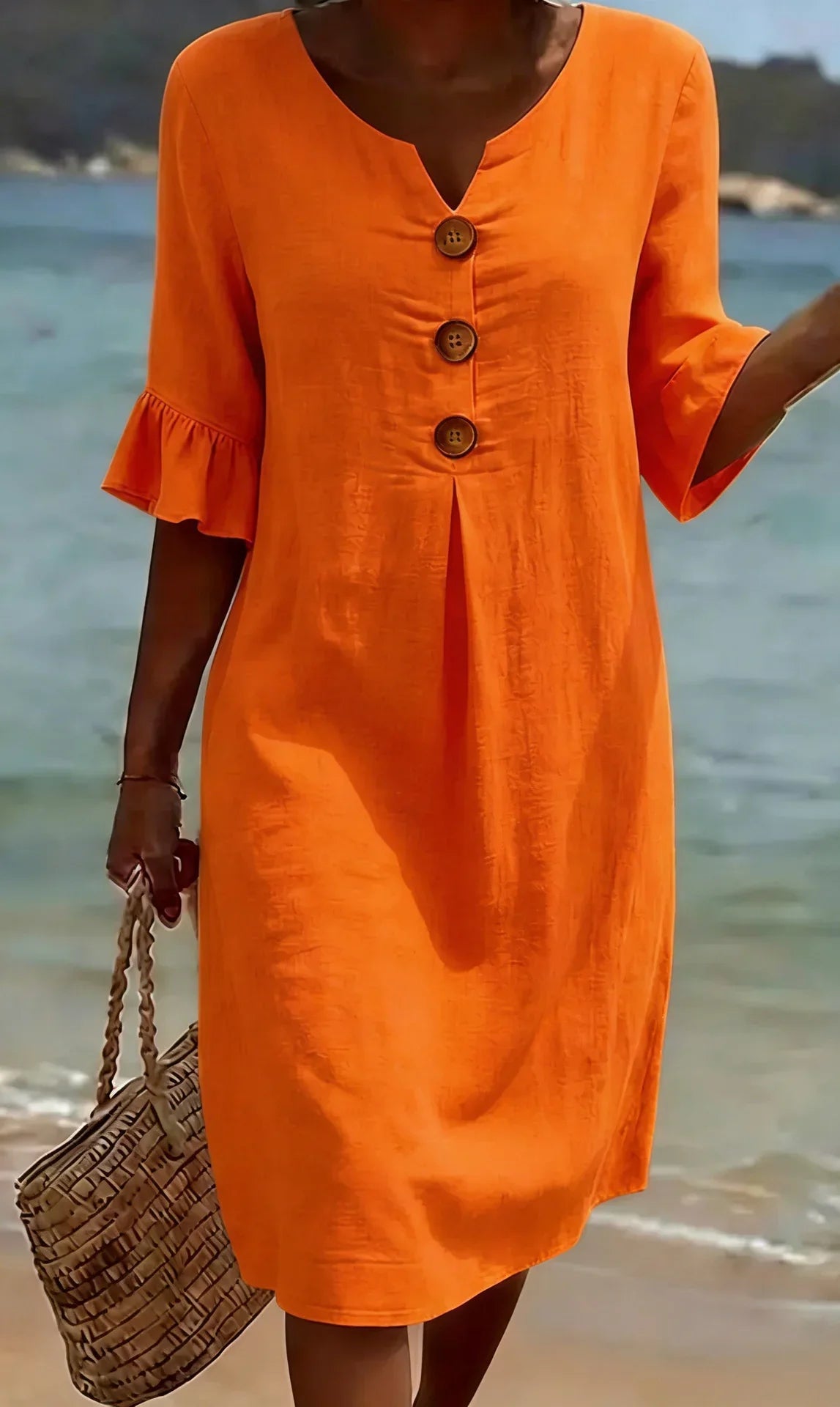 Camille™ | Robe Effet Lin à Manches Bouffantes et Boutons