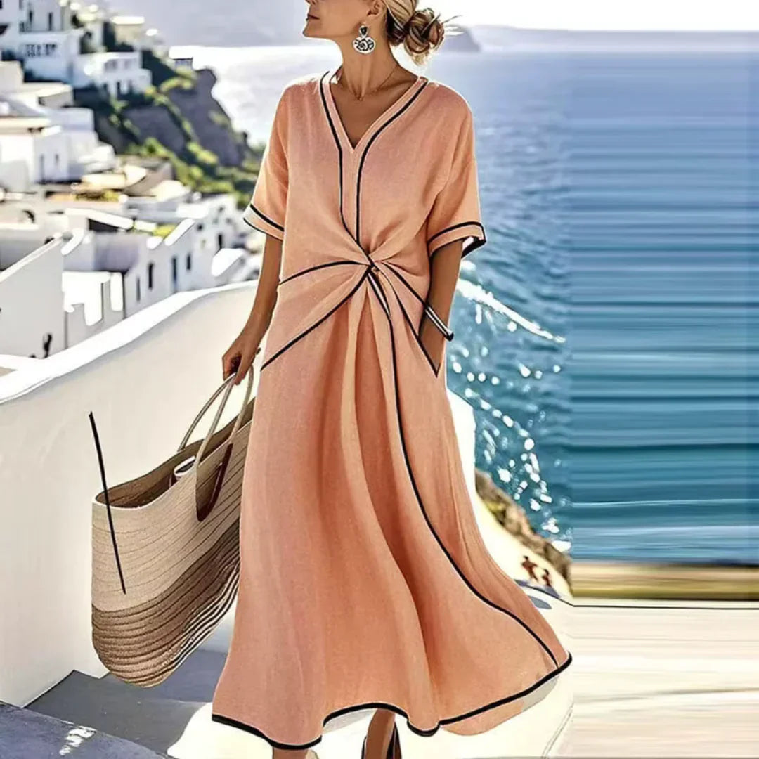 Robe Midi Élégante — Col V, Nœud Taille & Passepoil Noir · Bleu Poudre