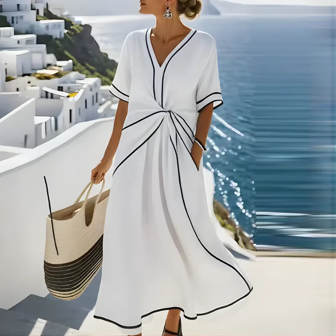 Robe Midi Élégante — Col V, Nœud Taille & Passepoil Noir · Bleu Poudre