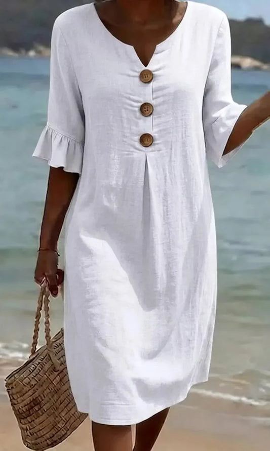 Camille™ | Robe Effet Lin à Manches Bouffantes et Boutons