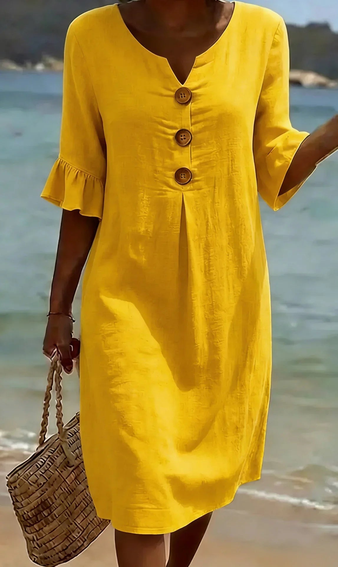 Camille™ | Robe Effet Lin à Manches Bouffantes et Boutons
