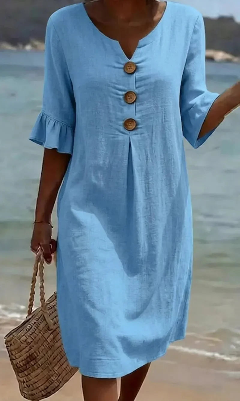 Camille™ | Robe Effet Lin à Manches Bouffantes et Boutons
