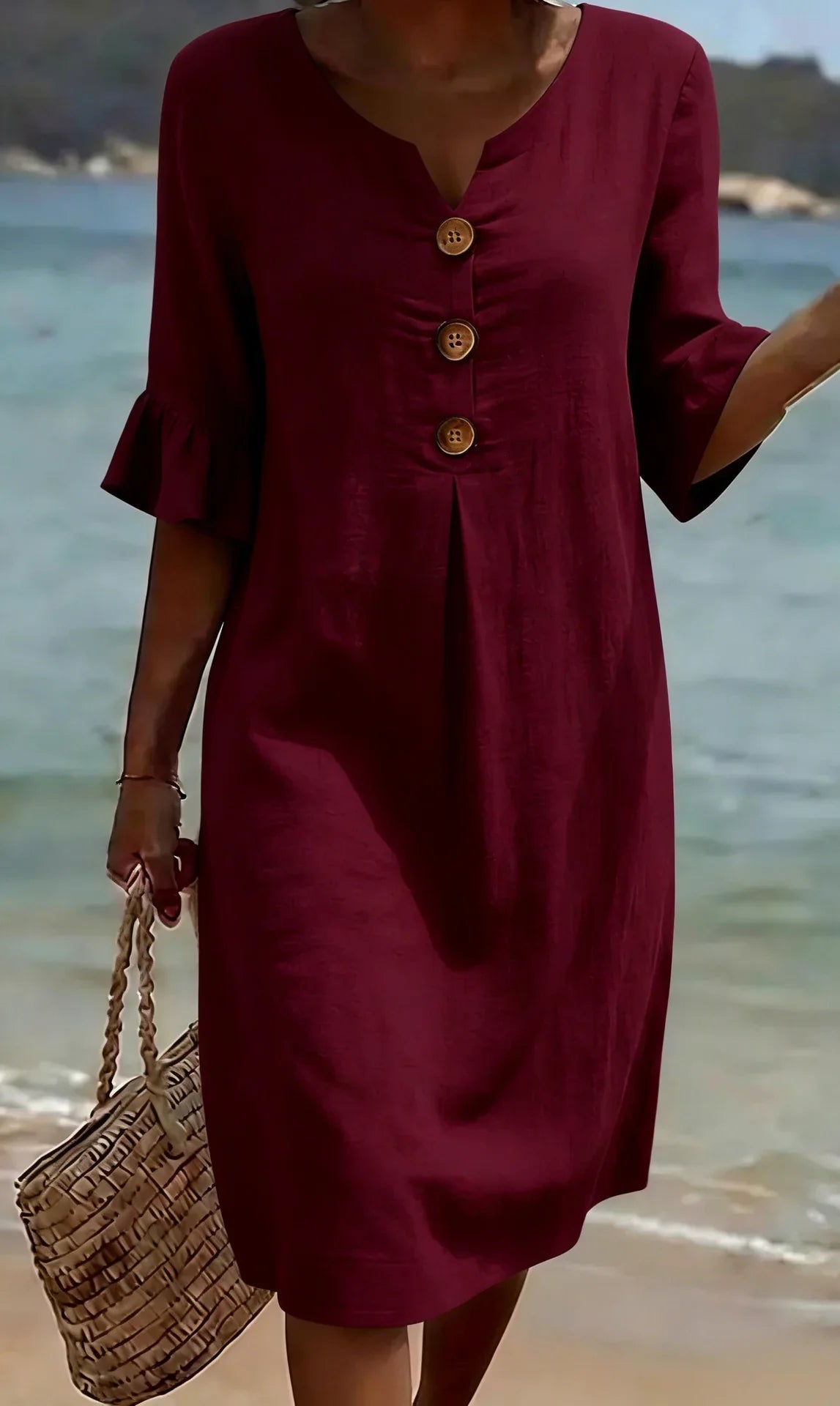 Camille™ | Robe Effet Lin à Manches Bouffantes et Boutons