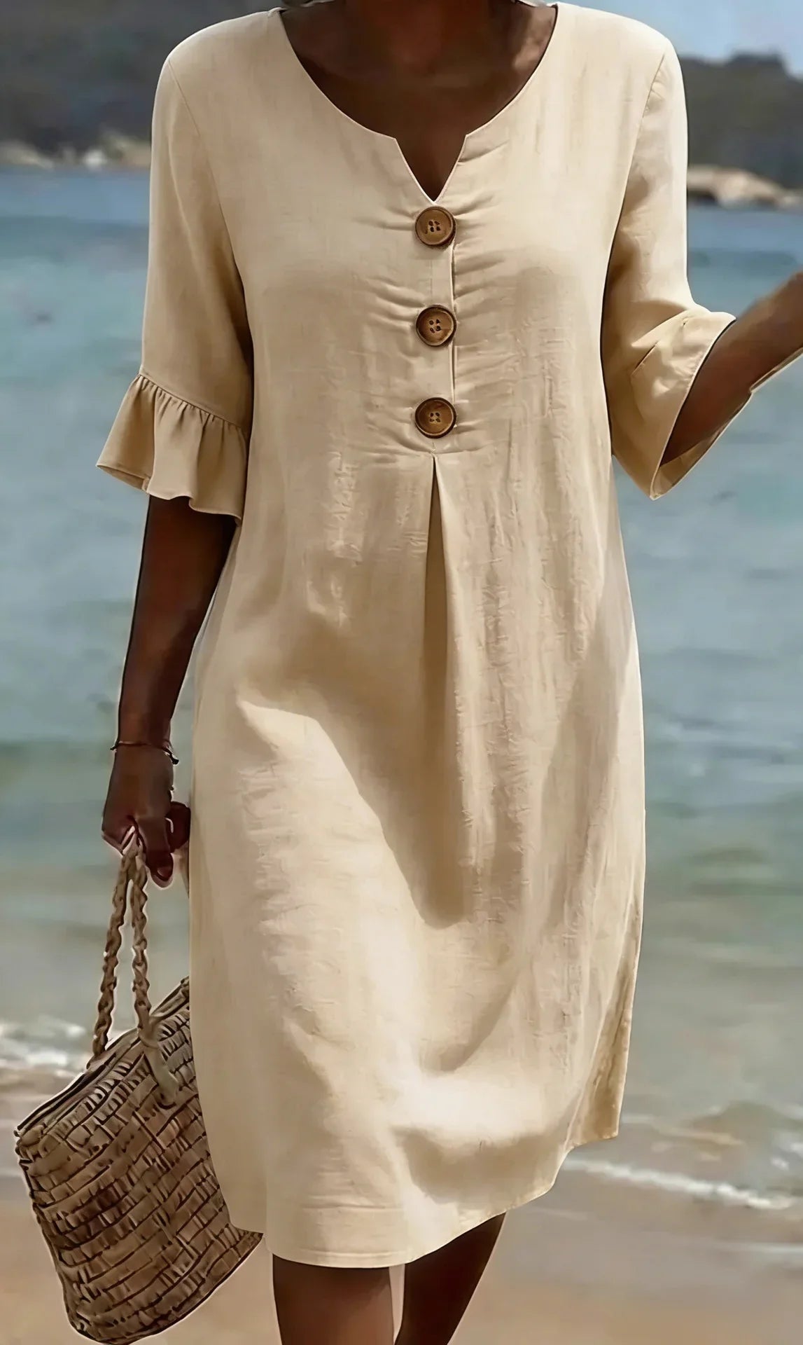 Camille™ | Robe Effet Lin à Manches Bouffantes et Boutons