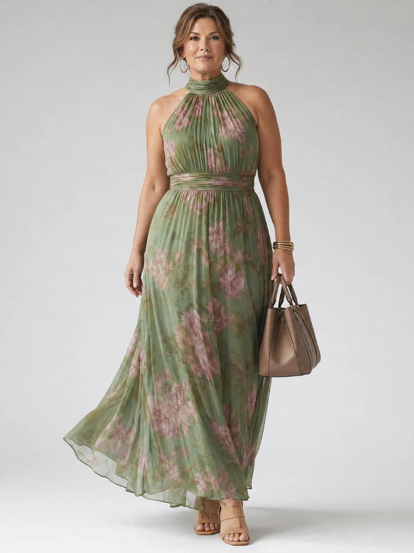 Mirelle | Robe midi dos nu froncée à col halter