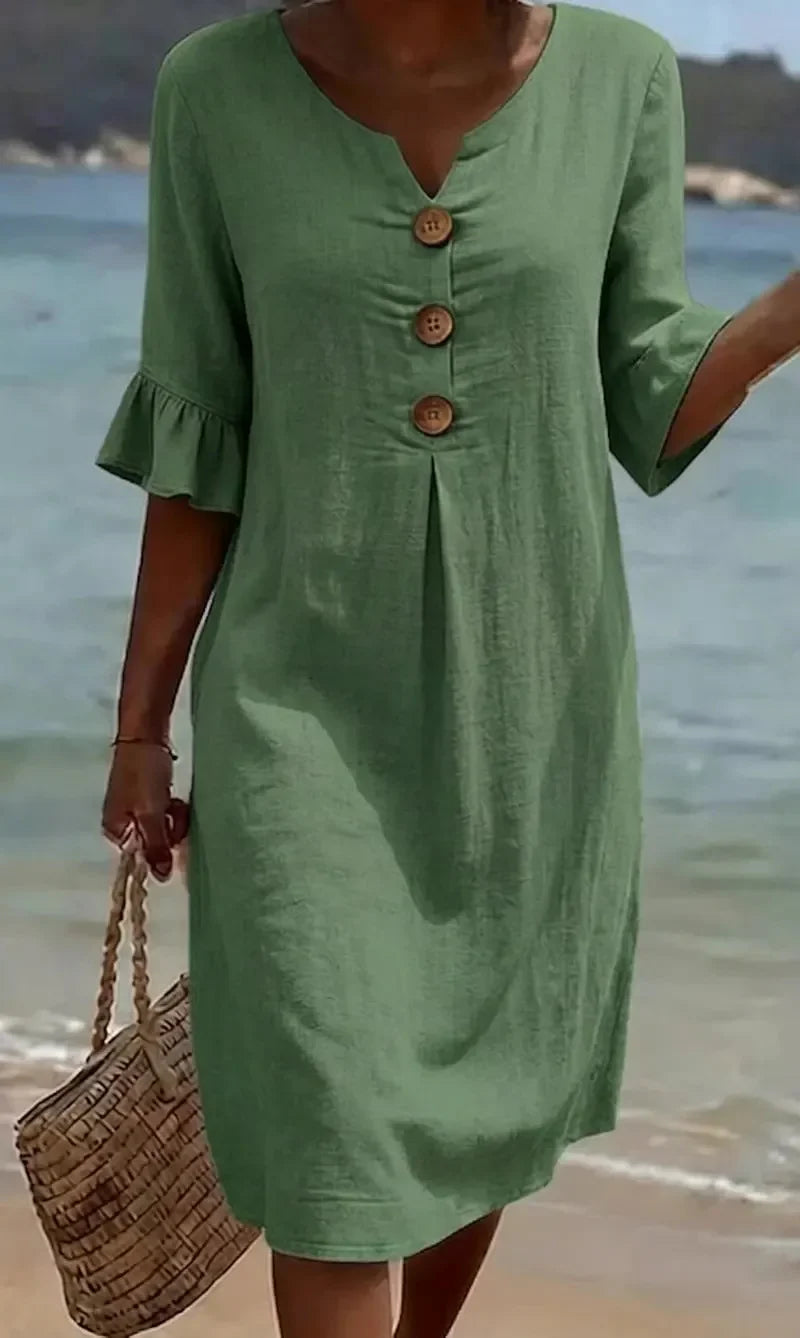Camille™ | Robe Effet Lin à Manches Bouffantes et Boutons