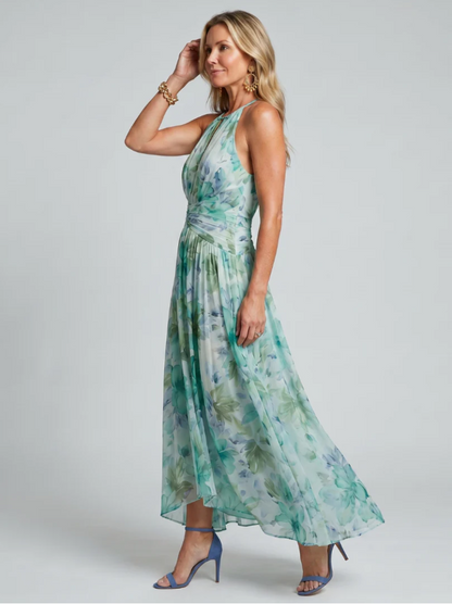 Portia | Robe midi plissée à col halter et motif floral délicat