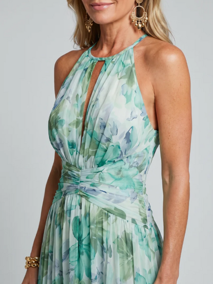 Portia | Robe midi plissée à col halter et motif floral délicat