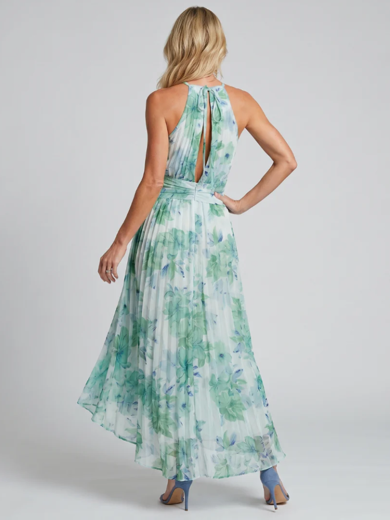Portia | Robe midi plissée à col halter et motif floral délicat