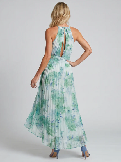 Portia | Robe midi plissée à col halter et motif floral délicat