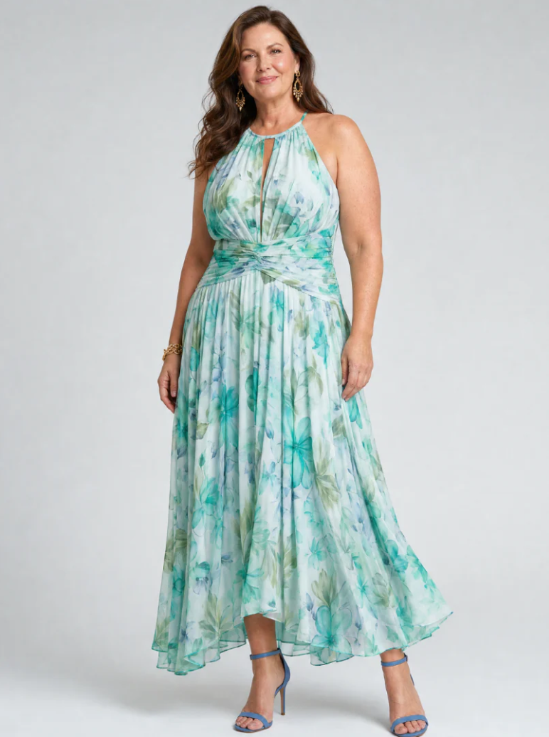 Portia | Robe midi plissée à col halter et motif floral délicat