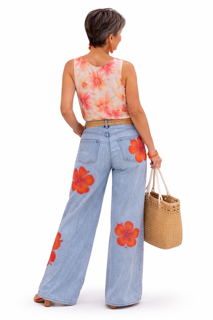 Jean Wide Leg à Imprimé Floral
