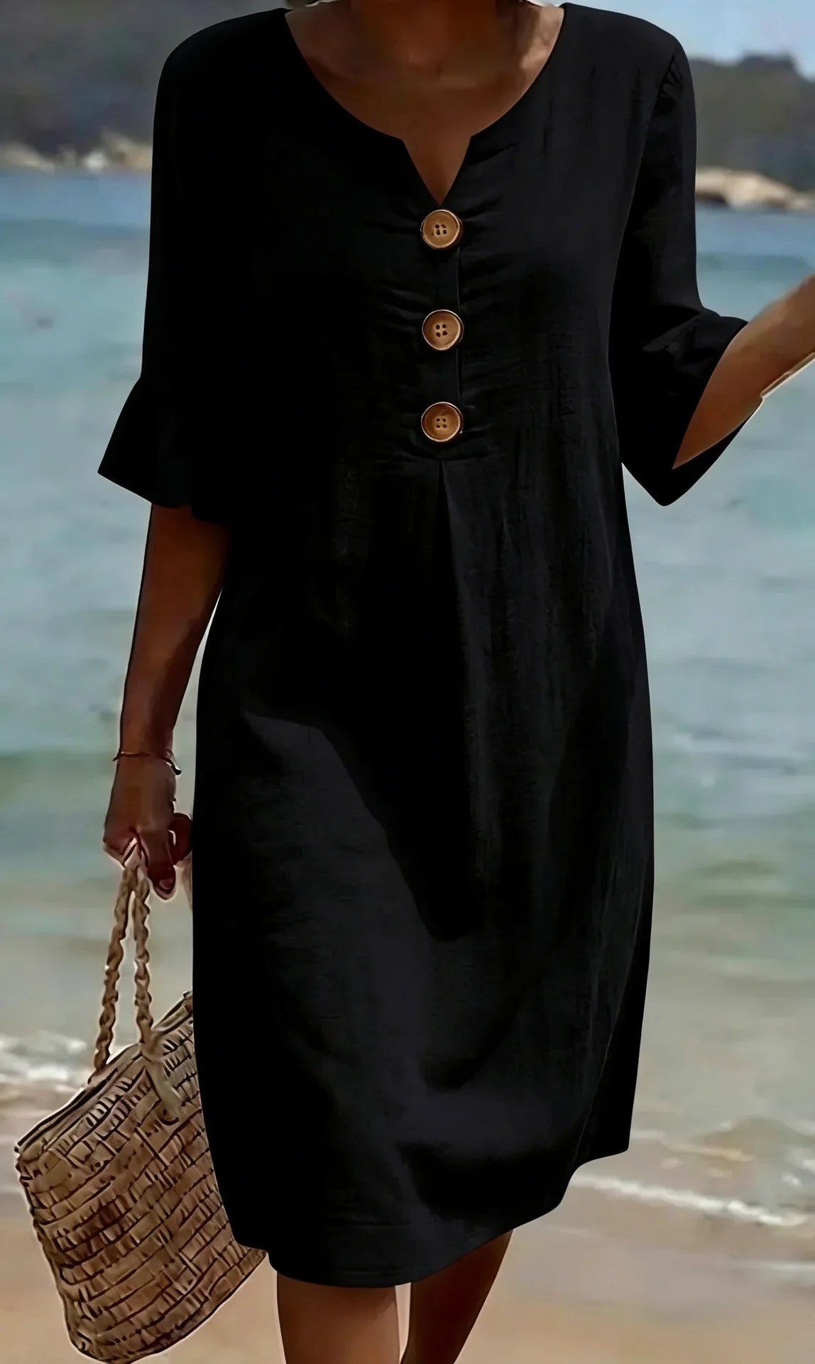 Camille™ | Robe Effet Lin à Manches Bouffantes et Boutons
