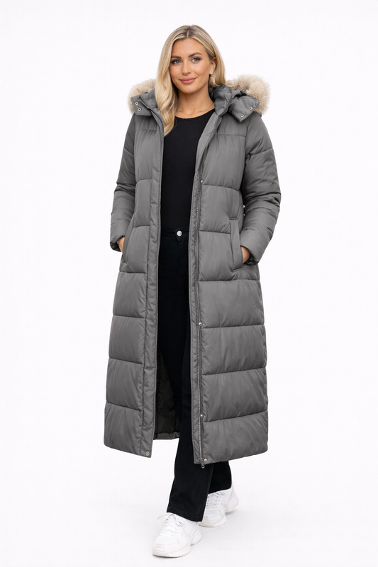 Aurora Alpine | Abrigo Acolchado Largo con Capucha de Pelo