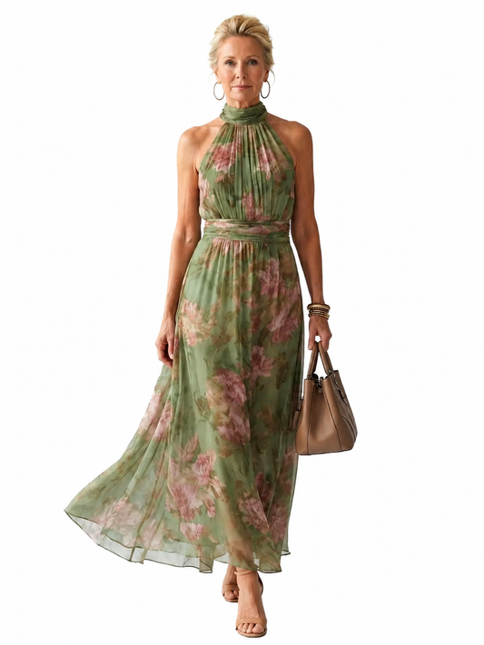 Mirelle | Robe midi dos nu froncée à col halter