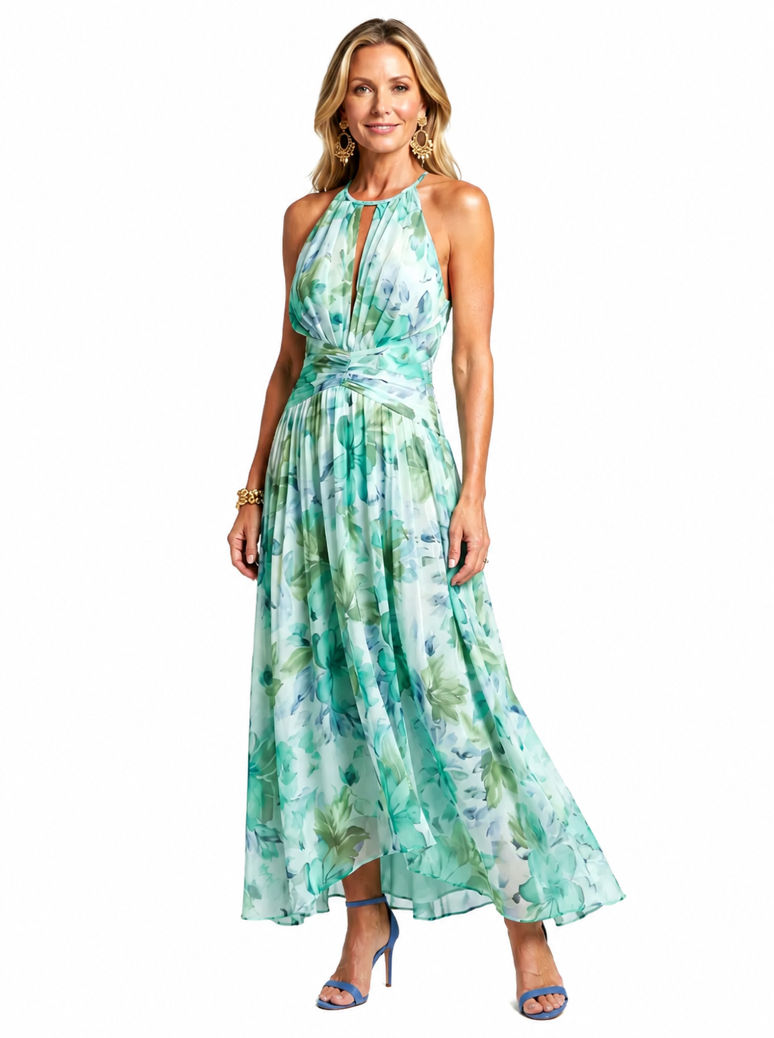 Portia | Robe midi plissée à col halter et motif floral délicat