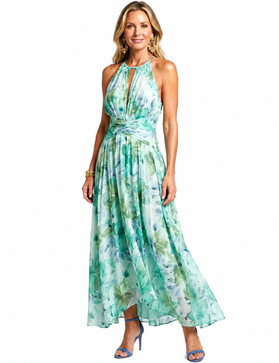 Portia | Robe midi plissée à col halter et motif floral délicat